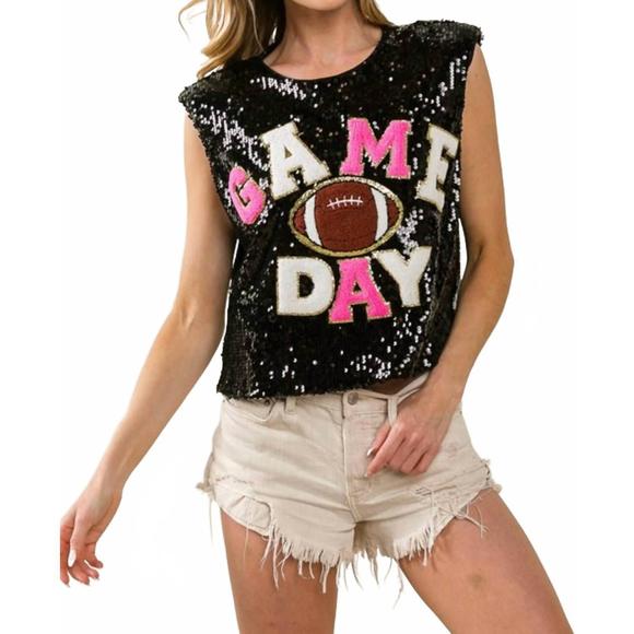 NEW BIBI touch down sequins game day tank tops in black/pink - Picture 1 of 7